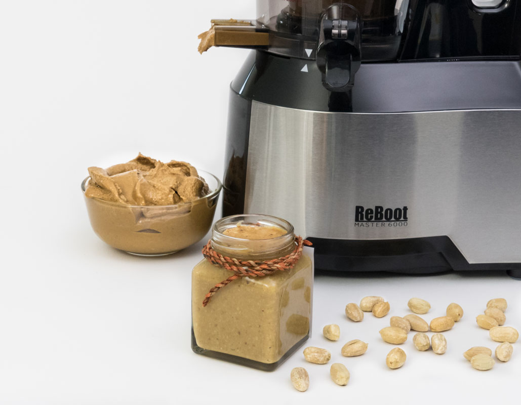 Learn how to make peanut butter in the ReBoot Master 6000 slow juicer. Free from hydrogenated fat. Amounts of sugar and salt can be controlled